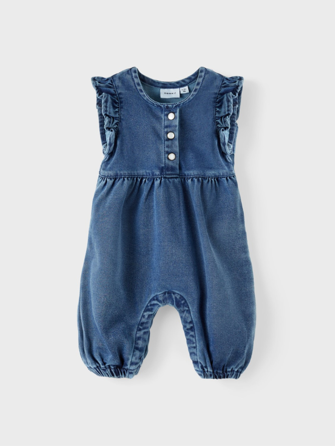 Süßer Einteiler aus sehr weichem Material für kleine Baby-Mädchen im typischen Jeansblau - preiswerte und schöne Kinderkleidung in Bielefeld kaufen in der Körnerstrasse